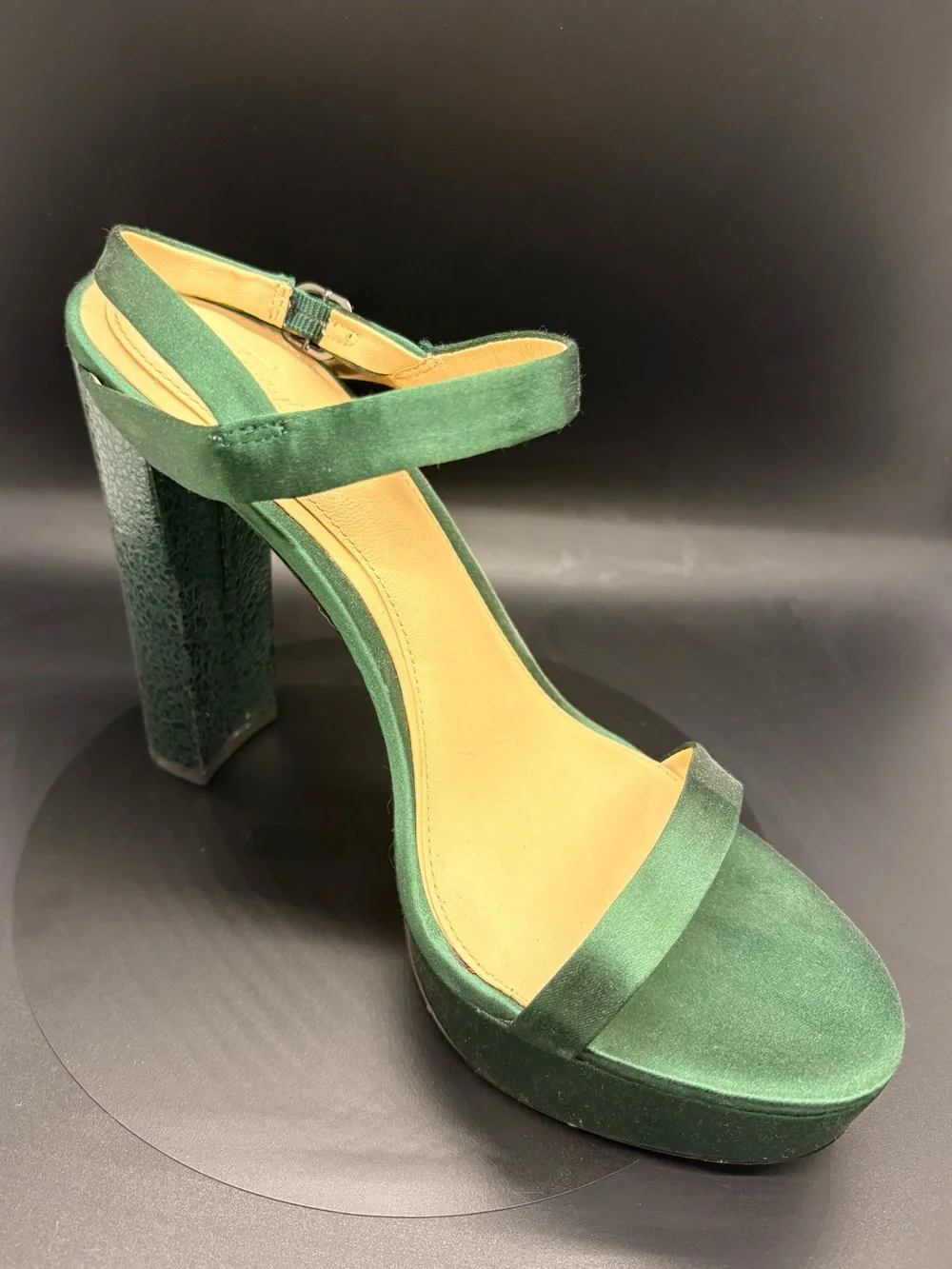 Vince Camuto Emerald Satin Platform Block Heel Sandals